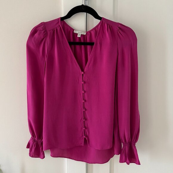 Joie Bolona Silk Poet Sleeve Top Sangria Color XXS - Picture 1 of 3